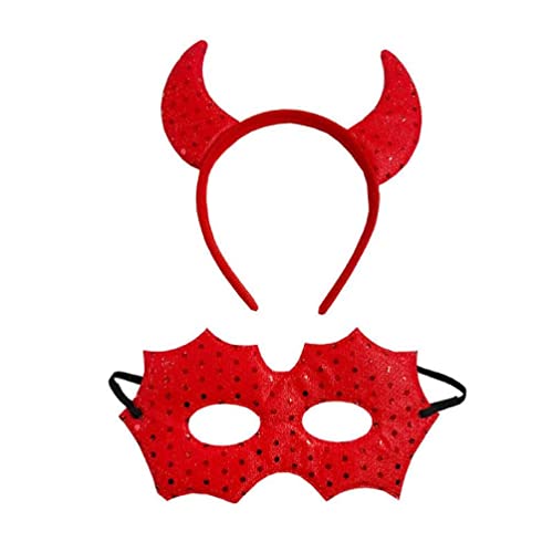 WuLi77 Halloween Teufel Kostüm Set Dämonenkostüm Mit Roten Pailletten Teufelshorn Stirnband Maske Halloween Cosplay Partyzubehör Teufelshörner Stirnband Aus Rotem Kunststoff Für Make Up Frauen von WuLi77