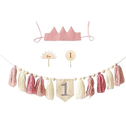 Baby 1. Geburtstagsdekorationen Set, Baby Erstes Geburtstagsdekorationen Hochstuhl Banner Mit Krone Und Kuchen -topper Happy Birthday Party Supplies von Wudaizhi