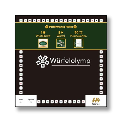 Würfelolymp - Großes Würfelbrett - Würfelset mit 5 Würfeln - Großer Punkteblock mit 50 Punktekarten - Würfelspiel Pokerspiel Gesellschaftsspiel für Freunde und die ganze Familie (Performance Paket) von Würfelolymp