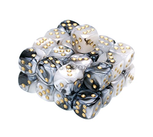 Würfelzeit 7401 - Würfel w6 12 mm, Alyen Perlenzauber Weiss-schwarz m/Gold (32er Set in Klarsichtbox) von WÜRFELZEIT 35