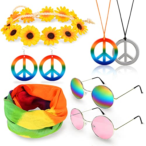WuikerDuo Retro Hippie Accessoires,Hippie Kostüm Set mit 60er Jahre Retro Vintage Sonnenbrille,Friedenszeichen Halskette und Ohrring,Sonnenblume Krone Haarband,Buntes Hippie Stirnband WuikerDuo Retro Hippie Accessoires,Hippie Kostüm Set mit 60er Jahre Retro Vintage Sonnenbrille,Friedenszeichen Halskette und Ohrring,Sonnenblume Krone Haarband,Buntes Hippie Stirnband von WuikerDuo