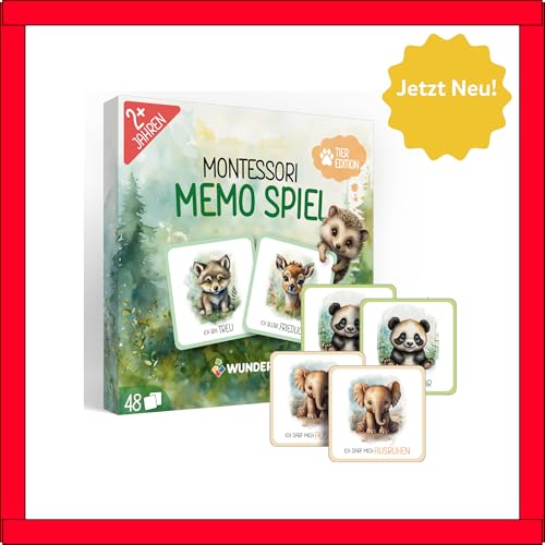 Wunderkind Montessori Memory ab 2 Jahre - Tierbaby Memorie mit 48 Karten - Fördert Konzentration, Gedächtnis & Sprache - Montessori Spielzeug mit Affirmationen (Tier Edition) von Wunderkind