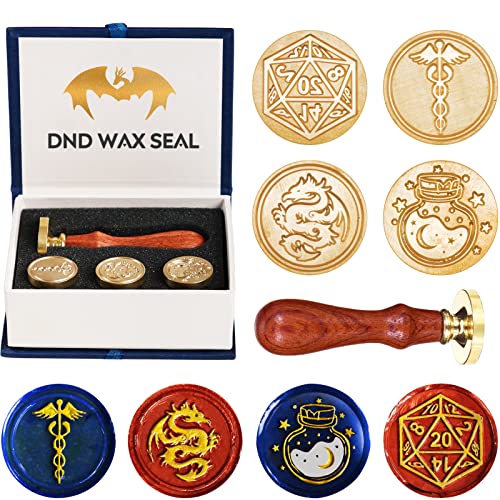 DND Wachs Siegel Stempel, Dungeons and Dragons/D&D Umschlag Scroll, Fantasy Wachs Siegel Kit mit Dragon/D20 Würfel/Zaubertränk/Caduceus, große RPG Zubehör für DND DM & Player von Wunhunew