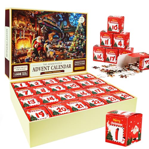 Adventskalender 2024 Weihnachtspuzzle, Weihnachtsmann bereitet Geschenke vor, 24 Schachteln mit 1008 Teilen für den Countdown zu Weihnachten, Erwachsene und Kinder, Heimdekoration von Wvu & Wvo