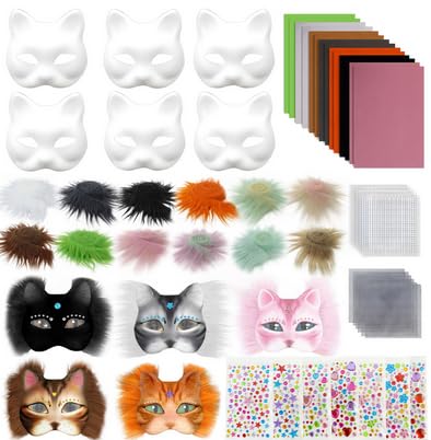 Wvu & Wvo 6 Stück Katzenmaske, Katzen Masken zum Bemalen, DIY Papier Maske, Therian Maske Maskenball,Unbemalt Katze Masken Fuchsmaske,Verwendet Für Rollenspiele, Kostümpartys, Kostümpartys, Karneval von Wvu & Wvo
