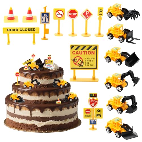 Wvu & Wvo Kuchen Deko Baustelle, Metall Kunststoff Bagger Spielzeugauto, Baustellen Fahrzeuge Tortendeko mit Baufahrzeug Verkehrsschilder Gold Glitter von Wvu & Wvo