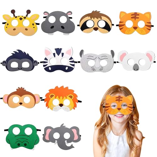 Wvu & Wvo Tiermasken für Kinder, 12 Stücke Kinder Filz Masken, Tiermasken Zum Ausmalen,Maske Tier Wiederverwendbar für Geburtstagsfeiern,Dschungel Party Deko,Cosplay Party,Kostümpartys von Wvu & Wvo