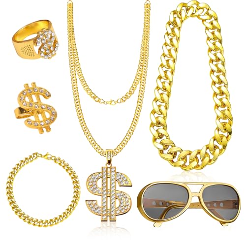 6 Stk Zuhälter Kostüm Gold Digger Kostüm Dollar Kette Rapper Kostüm Goldfarbenekette Kostüm 80er 90er Hip-Hop Mottopartys Karneval Retro Looks Halloween Weihnachten Maskerade Geburtstagsverkleidungen von Wxgoqrcn