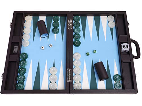 Wycliffe Brothers 21" Turnier Backgammon-Set - brauner Koffer mit hellblauem Feld - Masters Edition von Wycliffe Brothers