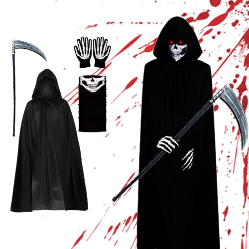 4Pcs Halloween kostüm sensenmann, sensenmann kostüm kinder, sensemann umhang Totenkopfmaske, Sense, Handschuhe, Umhang des Todes, Halloween-Kostüme für Männer und Frauen, Cosplay, Party, Karneval 4Pcs Halloween kostüm sensenmann, sensenmann kostüm kinder, sensemann umhang Totenkopfmaske, Sense, Handschuhe, Umhang des Todes, Halloween-Kostüme für Männer und Frauen, Cosplay, Party, Karneval von Wydexint