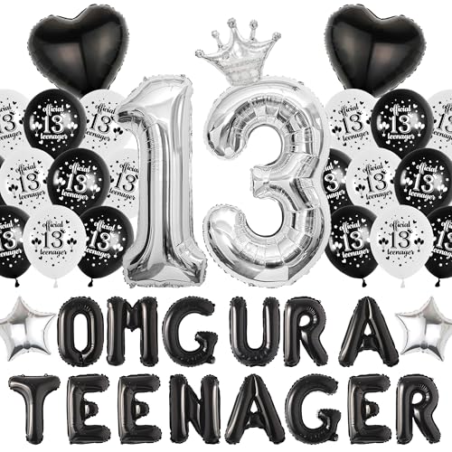 13 Geburtstag Dekorationen für Jungen Mädchen - Schwarz Silber Luftballons Omg Ur a Teenager Banner, Herz Krone Nummer 13 Folienballon für Teen Boy 13th Party Supplies 13 Geburtstag Dekorationen für Jungen Mädchen - Schwarz Silber Luftballons Omg Ur a Teenager Banner, Herz Krone Nummer 13 Folienballon für Teen Boy 13th Party Supplies von Wylario