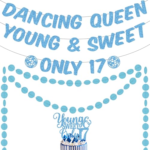 17th Dancing Queen Geburtstag Party Dekorationen - Blau Junge und Süße Disco Banner für Mädchen, Glitzer Nur 17 Cake Topper Kreis Punkt Hängende Bachelorette Decor von Wylario