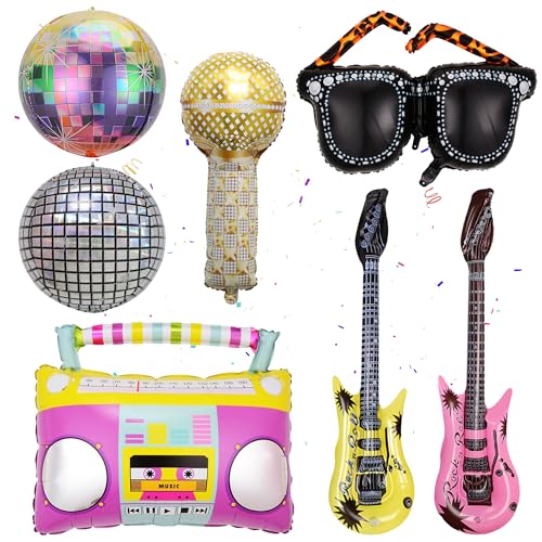 90er Jahre Disco Party Dekorationen Luftballons - 7 Stück Regenbogen 4D Laser Disco Ball, Glitzer Aufblasbares Mikrofon Radio Gitarre Sonnenbrille Musik Folienballon für Männer Frauen Hip Hop Karaoke 90er Jahre Disco Party Dekorationen Luftballons - 7 Stück Regenbogen 4D Laser Disco Ball, Glitzer Aufblasbares Mikrofon Radio Gitarre Sonnenbrille Musik Folienballon für Männer Frauen Hip Hop Karaoke von Wylario