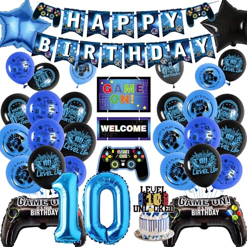 Banner zum 10. Geburtstag Kinder – Blaue Doppelstellige Gaming-Party-Dekor-Set mit Controller-Folienballons, Happy Birthday-Banner, Ballon-Kuchenaufsatz für Jungen, 10 Jahre alt, Partyzubehör Banner zum 10. Geburtstag Kinder – Blaue Doppelstellige Gaming-Party-Dekor-Set mit Controller-Folienballons, Happy Birthday-Banner, Ballon-Kuchenaufsatz für Jungen, 10 Jahre alt, Partyzubehör von Wylario