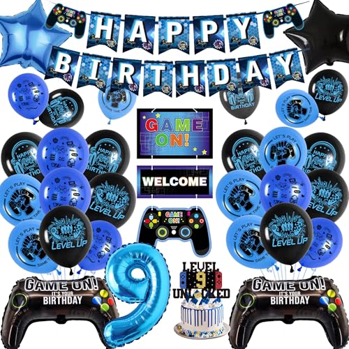 Banner zum 9. Geburtstag für Kinder, blaues Gaming-Party-Dekor-Set mit Controller-Folienballons, Happy Birthday-Banner, Ballon-Kuchenaufsatz für Jungen, 9 Jahre alt, Partyzubehör Banner zum 9. Geburtstag für Kinder, blaues Gaming-Party-Dekor-Set mit Controller-Folienballons, Happy Birthday-Banner, Ballon-Kuchenaufsatz für Jungen, 9 Jahre alt, Partyzubehör von Wylario