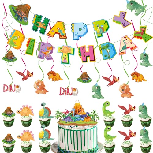 Dinosaurier-Geburtstagsparty-Dekorationsset – 40 Stück "Happy Birthday"-Banner für Jungen, Cartoon-Dinosaurier, hängende Wirbel, Cupcake-Topper für Dino-Themenparty-Zubehör von Wylario