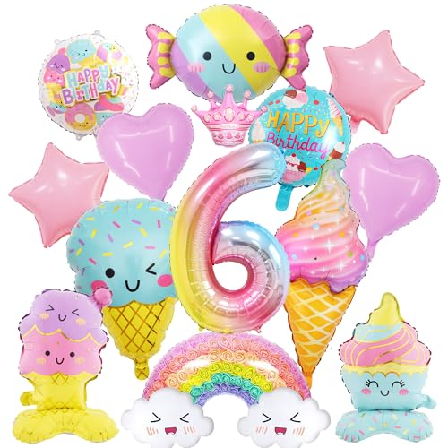 Eiscreme-Geburtstagsdekorationen, Luftballons – 14-teiliges Deko-Set zum 6. Geburtstag, inklusive Regenbogenwolke, Süßigkeiten, Mylar-Folienballon, Candyland-Thema, Geburtstagsparty-Zubehör für Eiscreme-Geburtstagsdekorationen, Luftballons – 14-teiliges Deko-Set zum 6. Geburtstag, inklusive Regenbogenwolke, Süßigkeiten, Mylar-Folienballon, Candyland-Thema, Geburtstagsparty-Zubehör für von Wylario