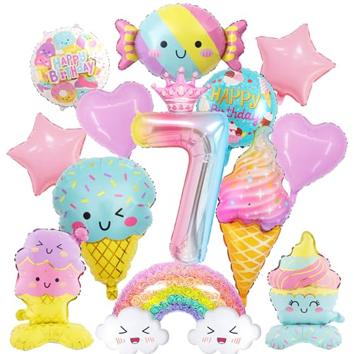 Eiscreme-Geburtstagsdekorationen, Luftballons – 14-teiliges Deko-Set zum 7. Geburtstag, inklusive Regenbogenwolke, Süßigkeiten, Eiscreme, Mylar-Folienballon, buntes Candyland-Themenparty-Zubehör für Eiscreme-Geburtstagsdekorationen, Luftballons – 14-teiliges Deko-Set zum 7. Geburtstag, inklusive Regenbogenwolke, Süßigkeiten, Eiscreme, Mylar-Folienballon, buntes Candyland-Themenparty-Zubehör für von Wylario