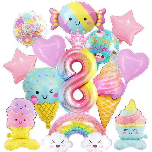 Eiscreme-Geburtstagsdekorationen, Luftballons – 14-teiliges Dekorationsset zum 8. Geburtstag, inklusive Regenbogenwolke, Süßigkeiten, Eiscreme, Mylar-Folienballon, buntes Candyland-Themenparty-Zubehör Eiscreme-Geburtstagsdekorationen, Luftballons – 14-teiliges Dekorationsset zum 8. Geburtstag, inklusive Regenbogenwolke, Süßigkeiten, Eiscreme, Mylar-Folienballon, buntes Candyland-Themenparty-Zubehör von Wylario