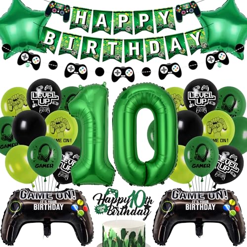 Gaming Geburtstag Dekorationen Luftballons Junge - Grün Happy 10th Birthday Banner Dekorationsset mit zweistelligen Folienballon, Game Controller für Videospielthema 10 Jahre Alt Party Supplies Gaming Geburtstag Dekorationen Luftballons Junge - Grün Happy 10th Birthday Banner Dekorationsset mit zweistelligen Folienballon, Game Controller für Videospielthema 10 Jahre Alt Party Supplies von Wylario