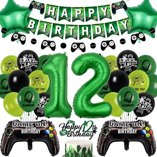 Gaming Geburtstag Dekorationen Luftballons Junge - Grün Happy 12th Birthday Banner Dekorationsset mit Folienballon, Game Controller für Videospiel Thema 12 Jahre Alt Party Supplies Gaming Geburtstag Dekorationen Luftballons Junge - Grün Happy 12th Birthday Banner Dekorationsset mit Folienballon, Game Controller für Videospiel Thema 12 Jahre Alt Party Supplies von Wylario