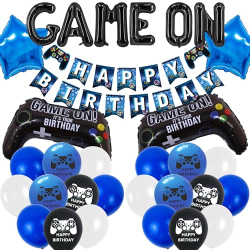 Gaming-Geburtstagsdekorationen, Banner-Ballons – 47-teiliges blaues Videospiel-Themen-Party-Banner-Set mit 3D-Controller, Folienballon für Jungen, Gamer, Partyzubehör Gaming-Geburtstagsdekorationen, Banner-Ballons – 47-teiliges blaues Videospiel-Themen-Party-Banner-Set mit 3D-Controller, Folienballon für Jungen, Gamer, Partyzubehör von Wylario