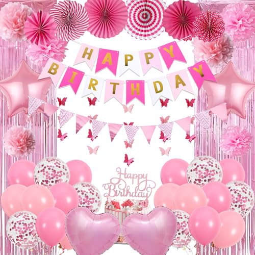 Happy Birthday Dekorationen Luftballons Banner – 63 Stück Mädchen Frauen Party Papier Pompon Dekorationsset mit Kuchenaufsatz, rosa Schmetterling hängende Quaste Vorhang für Kinder Party Supplies Happy Birthday Dekorationen Luftballons Banner – 63 Stück Mädchen Frauen Party Papier Pompon Dekorationsset mit Kuchenaufsatz, rosa Schmetterling hängende Quaste Vorhang für Kinder Party Supplies von Wylario