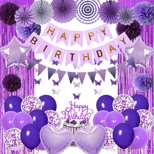 Happy Birthday Dekorationen Luftballons Banner – 63 Stück lila Papier Pompon Dekorationsset mit Kuchenaufsatz, 3D Schmetterling hängende Quaste Vorhang für Frauen Geburtstag Party Supplies Happy Birthday Dekorationen Luftballons Banner – 63 Stück lila Papier Pompon Dekorationsset mit Kuchenaufsatz, 3D Schmetterling hängende Quaste Vorhang für Frauen Geburtstag Party Supplies von Wylario