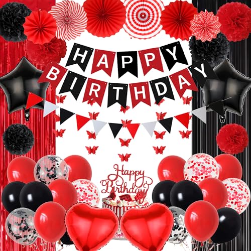 Happy Birthday Dekorationen Luftballons Banner – 63 Stück schwarzes Papier Pompon Dekorationsset mit Kuchenaufsatz, roter Schmetterling hängende Quastenvorhang für Damen und Herren Happy Birthday Dekorationen Luftballons Banner – 63 Stück schwarzes Papier Pompon Dekorationsset mit Kuchenaufsatz, roter Schmetterling hängende Quastenvorhang für Damen und Herren von Wylario