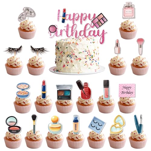 Make-up Party Geburtstag Kuchen Dekorationen - 20 Stück Kosmetik Cupcake Topper, Glitzer Happy Birthday Lippenstift Parfüm Cupcake Topper Dekoration für Mädchen Frauen oder Spa Bachelorette Party Make-up Party Geburtstag Kuchen Dekorationen - 20 Stück Kosmetik Cupcake Topper, Glitzer Happy Birthday Lippenstift Parfüm Cupcake Topper Dekoration für Mädchen Frauen oder Spa Bachelorette Party von Wylario