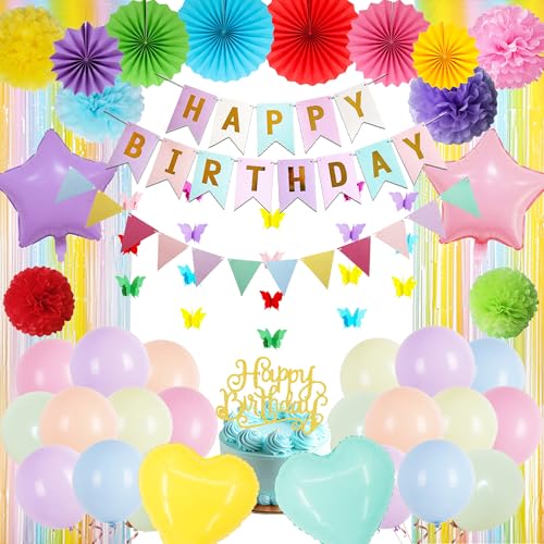 Pastellfarbene Geburtstagsdekorationen, Luftballons, Banner – 63-teiliges Party-Papier-Pompon-Dekorationsset mit Kuchenaufsatz, bunte Schmetterlinge zum Aufhängen, Quasten-Vorhang für Kinder Pastellfarbene Geburtstagsdekorationen, Luftballons, Banner – 63-teiliges Party-Papier-Pompon-Dekorationsset mit Kuchenaufsatz, bunte Schmetterlinge zum Aufhängen, Quasten-Vorhang für Kinder von Wylario