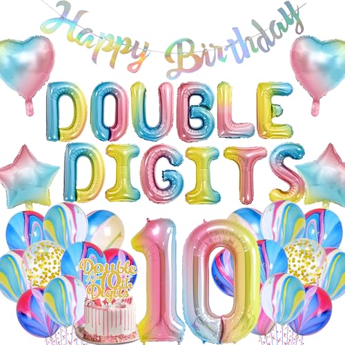 Regenbogen-Dekorationen zum 10. Geburtstag für Mädchen – Doppelstellige Dekoration zum 10. Geburtstag, Folienballon-Set mit Kuchenaufsatz, buntes Happy Birthday-Banner für 10 Jahre alte Partyzubehör Regenbogen-Dekorationen zum 10. Geburtstag für Mädchen – Doppelstellige Dekoration zum 10. Geburtstag, Folienballon-Set mit Kuchenaufsatz, buntes Happy Birthday-Banner für 10 Jahre alte Partyzubehör von Wylario