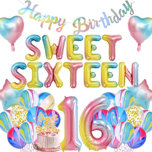 Regenbogen-Dekorationen zum 16. Geburtstag für Mädchen – Sweet 16th Decoration Folienballons Set mit Kuchenaufsatz, buntes Happy Birthday-Banner für 16 Jahre alte Partyzubehör Regenbogen-Dekorationen zum 16. Geburtstag für Mädchen – Sweet 16th Decoration Folienballons Set mit Kuchenaufsatz, buntes Happy Birthday-Banner für 16 Jahre alte Partyzubehör von Wylario