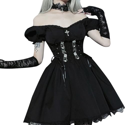 Wyongtao Gothic Kleid Damen Lolita-Spitzenkleid Langarm Schwarz Retro Punk Puffärmel Kurzes A-Linie Kleider Halloween Party Kostüm Damen mit Korsett Gothic Goth Dress Minikleid Cosplay Wyongtao Gothic Kleid Damen Lolita-Spitzenkleid Langarm Schwarz Retro Punk Puffärmel Kurzes A-Linie Kleider Halloween Party Kostüm Damen mit Korsett Gothic Goth Dress Minikleid Cosplay von Wyongtao