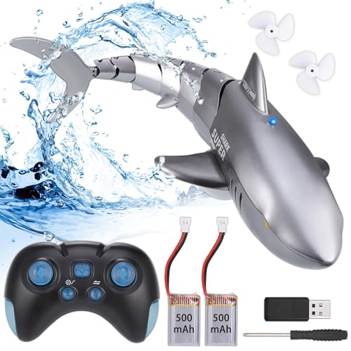 Wyxron Ferngesteuerter Hai mit 2×500mAh Batterien, 2.4GHz Ferngesteuertes Pool Spielzeug mit USB, Simulation RC Hai Wasserspielzeug Geschenk für 5-12 Jahre Jungen Mädchen Schwimmbad von Wyxron