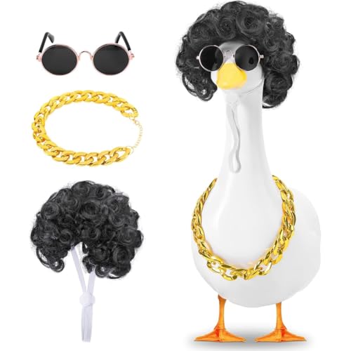 Wzxksoac Goldkette Sonnenbrille Perücke Coole Veranda Gänse -Outfit Set (3PCS), Rasengartenstatue Kostümkleidung von Wzxksoac