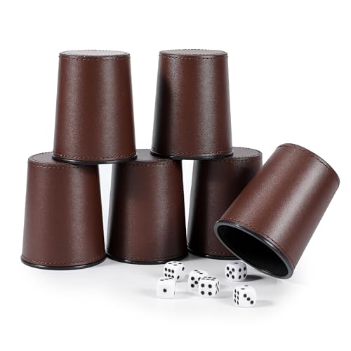X SIM FITNESSX Leder Würfelbecher Set, 6 PU Würfel mit Becher + 30 Punktwürfeln für Bar-Party Yahtzee Farkle Würfelspiele(Braun) von X SIM FITNESSX