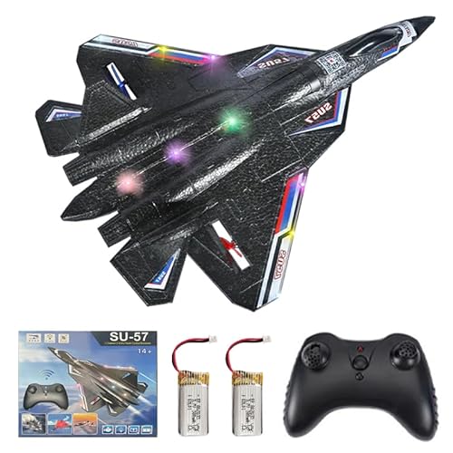 X-Verse RC Flugzeug Ferngesteuerter Kämpfer SU57, 2CH EPP RC Segelflugzeug Spielzeug, 2,4 GHz ferngesteuertes Flugzeug mit Farbigen LED-Leuchten, für Anfänger, Kinder Geschenke, Erwachsene(Schwarz) von X-Verse