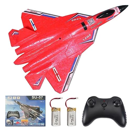 X-Verse RC Flugzeug Ferngesteuerter Kämpfer SU57, 2CH EPP RC Segelflugzeug Spielzeug, 2,4 GHz ferngesteuertes Flugzeug mit Farbigen LED-Leuchten, für Anfänger, Kinder Geschenke, Erwachsene(Rot) von X-Verse