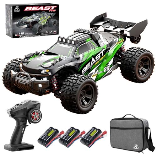X-Verse SG118PRO 1:18 Ferngesteuertes Auto, 35KM/H Kohlebürste Motor RC Hohe Geschwindigkeit Wasserdichtes Offroad Rennauto, 2.4Ghz 4WD All Terrain Offroad Auto, 3 Batterien (Grün) von X-Verse