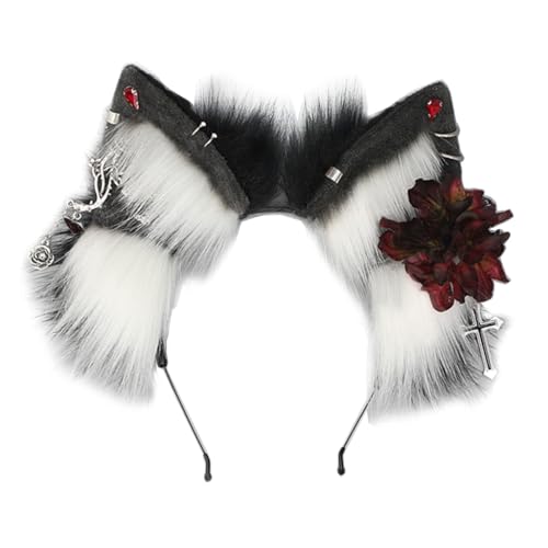 Haarreif in Punkwolf-Ohrform, mit Blumen- und Ohrringdekor, Haarreif für Erwachsene, Cosplay, Live-Übertragung, Halloween, Party, Kopfschmuck von XAGMODSHN