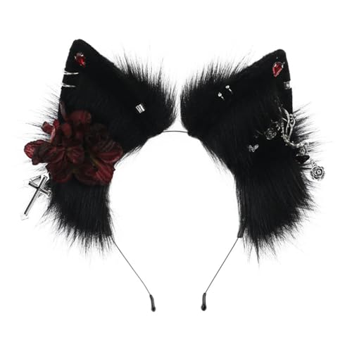 Haarreif in Punkwolf-Ohrform, mit Blumen- und Ohrringdekor, Haarreif für Erwachsene, Cosplay, Live-Übertragung, Halloween, Party, Kopfschmuck Haarreif in Punkwolf-Ohrform, mit Blumen- und Ohrringdekor, Haarreif für Erwachsene, Cosplay, Live-Übertragung, Halloween, Party, Kopfschmuck von XAGMODSHN