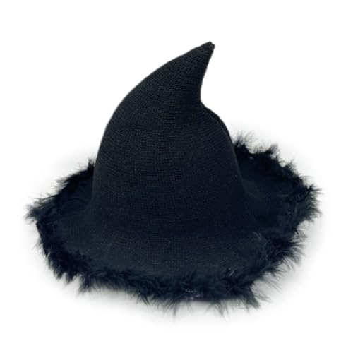 Halloween-Strick-Hut, pelzige Krempe, Partyhut, Frauen-Zaubererhut, Uni, Hexenkappe, Cosplay-Kostüm, weiblicher Urlaubskopfschmuck von XAGMODSHN