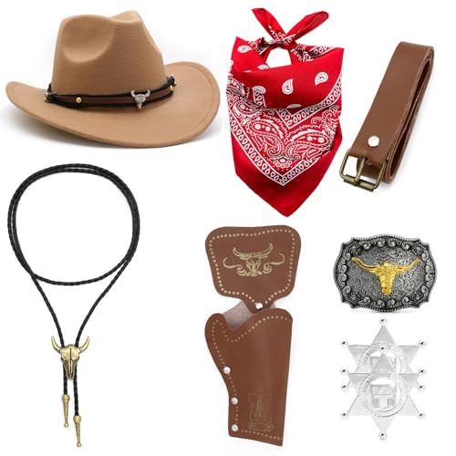 XAGMODSHN Cow Boy Hats TascheaNers Gürtel Western Cow Boy Kostüm Für Halloween Party Dressing Tod Tound Spielen Outfit Cowboy Outfits von XAGMODSHN