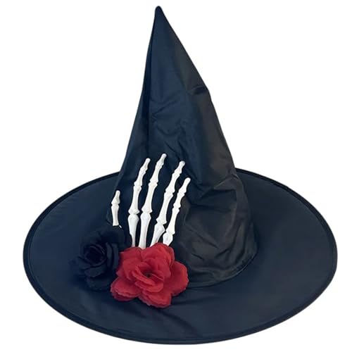 XAGMODSHN Halloween Party Witch Für Frauen Cosplay Schädel Hand Blumenzauberer Fashion Kostüm Festival Spitzer Hexenhut von XAGMODSHN