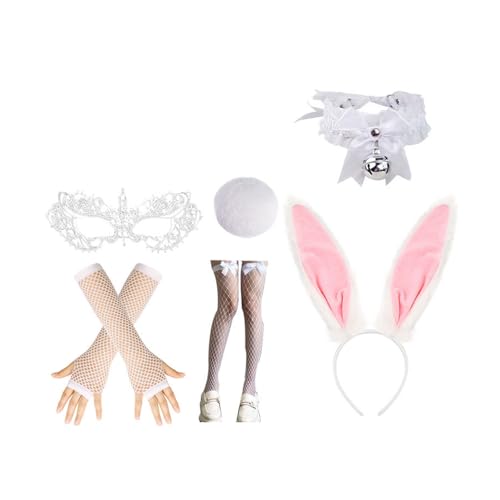 XAGMODSHN Hasenohren, Stirnband, Kragen, Fliege, Manschette, Hasenschwanz für Halloween, Cosplay, Party, Osterhasenkostüm-Set für Damen XAGMODSHN Hasenohren, Stirnband, Kragen, Fliege, Manschette, Hasenschwanz für Halloween, Cosplay, Party, Osterhasenkostüm-Set für Damen von XAGMODSHN