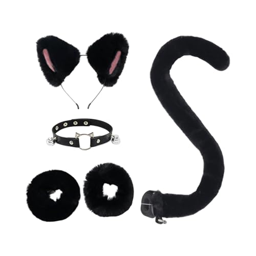 XAGMODSHN Katzenkostüm-Set, Katzenohren, Stirnband, Schwanz, Glocken, Halsband, Handgelenkmanschetten, Tier-Cosplay-Kostüme für Halloween, Weihnachten, Cosplay-Kostüm von XAGMODSHN