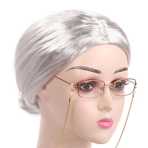 XAGMODSHN Kostüm für alte Dame, Oma-Perücke, Oma-Perücke, Halloween, Cosplays, Party, grau, alte Dame, kurzes Oma-Kostüm von XAGMODSHN