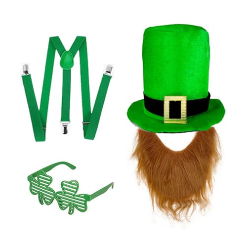 XAGMODSHN Set mit grünem Hut und Bart für irische Festival-Enthusiasten, bunte Kleeblätter, Gläser und Gürtel, Feiertage, Feier, Zubehör, grüner Zylinderhut von XAGMODSHN