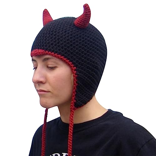XAGMODSHN Strickmütze mit Ohrenklappen und Ohrenklappen, Teufelshorn-Hut, Halloween, lustiger Hut, Schwarz mit rotem Rand, 1 von XAGMODSHN